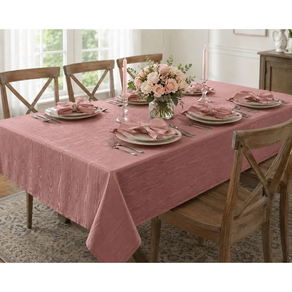 Vintage Rose Pink Moire Tablecloth 80x60 9 Matching Napkins Rectangle Wood Grain